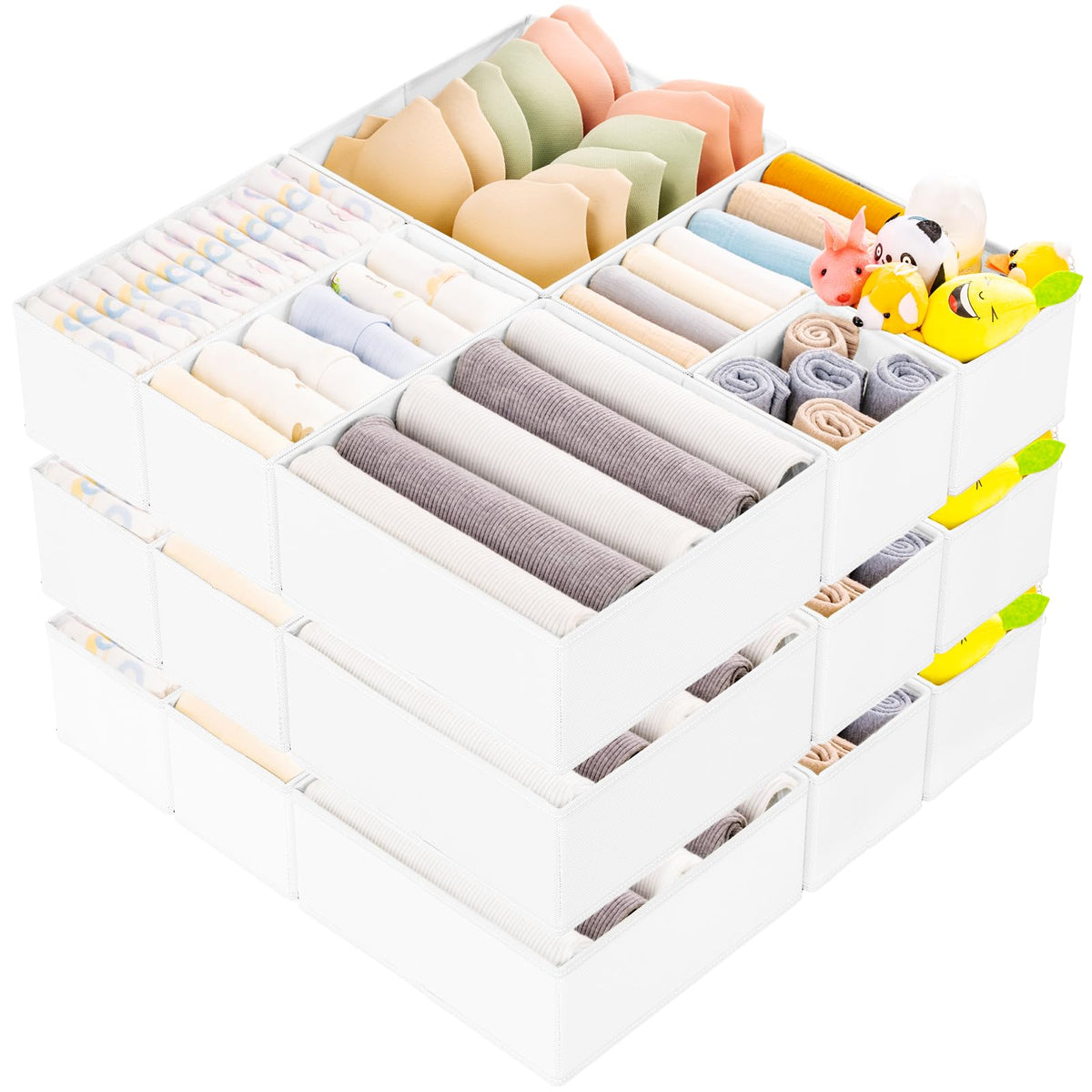 Criusia 15 Pack Drawer Organizer for Clothes, Foldable Dresser Dividers with 3 Sizes, Fabric Storage Bins – Beige