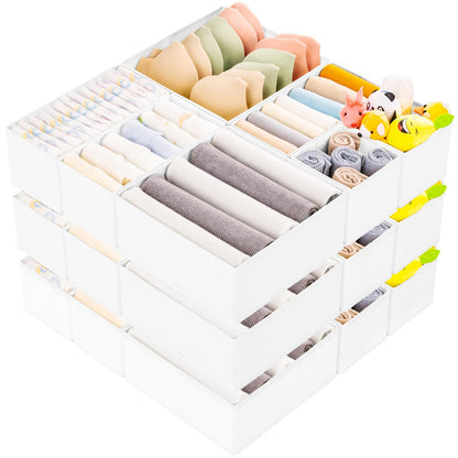 Criusia 15 Pack Drawer Organizer for Clothes, Foldable Dresser Dividers with 3 Sizes, Fabric Storage Bins – Beige