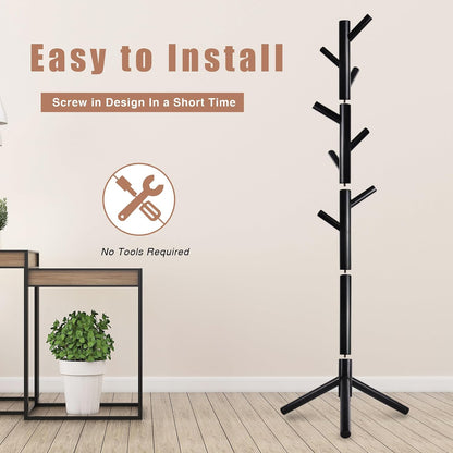 8-Hook Freestanding Coat Rack 3 Adjustable Heights Sturdy Black
