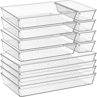 6 Pack Large Clear Plastic Drawer Organizer Trays, Acrylic Kitchen Drawer Organization and Storage Dividers, Non-Slip Storage Bins for Makeup, Kitchen Utensils, Bathroom, Jewelries and Office Desk