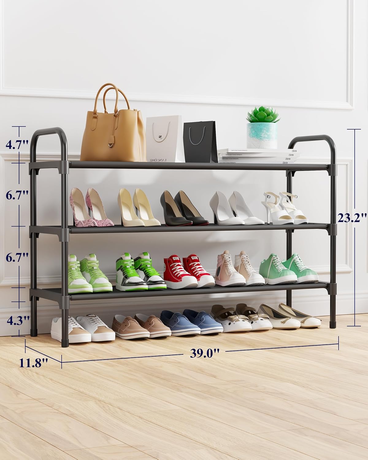 Kitsure Extra-Long Shoe Rack for Closet, 39.0" Wide - 3 Tier, Black