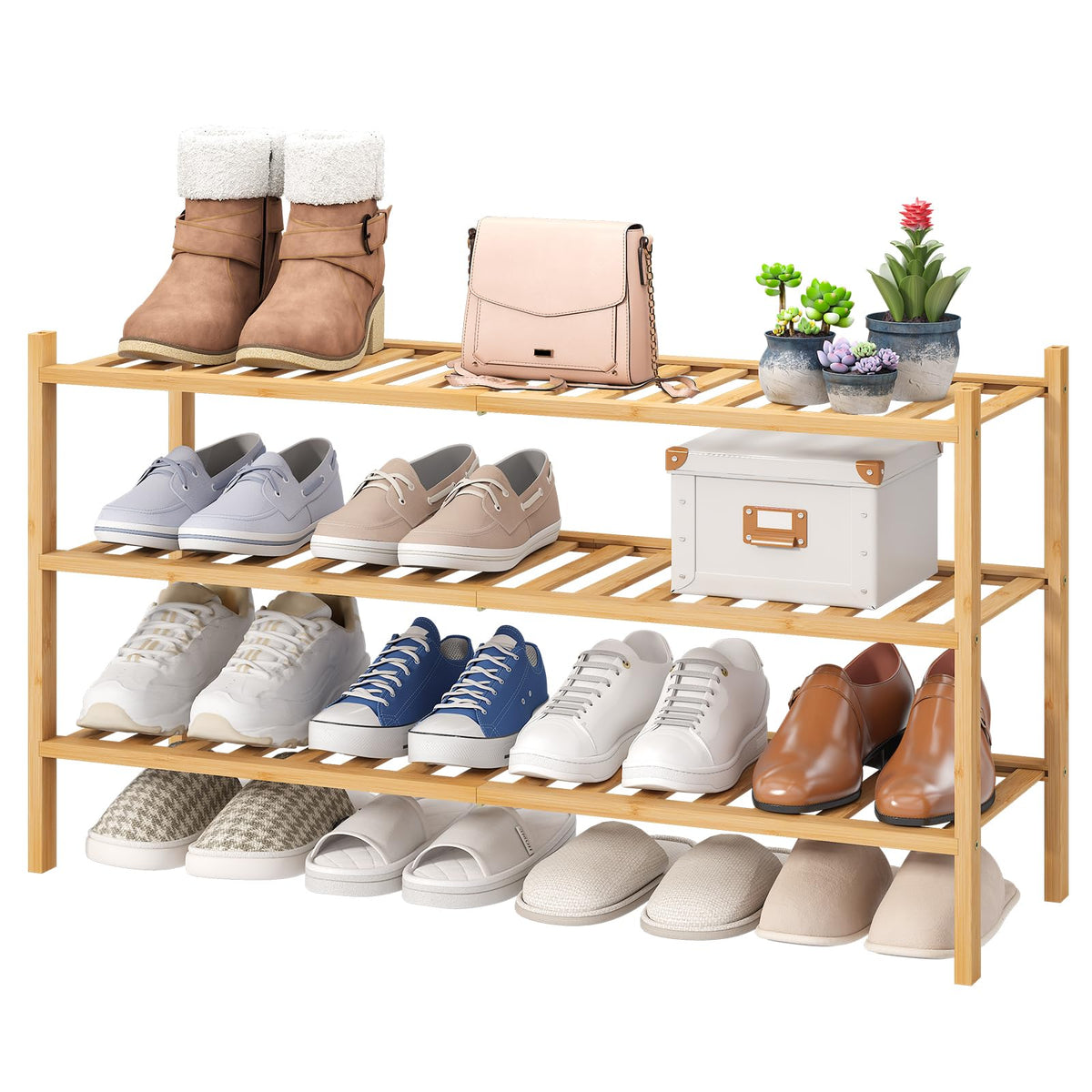 viewcare 4-Tier Bamboo Shoe Rack for Entryway, Stackable | Foldable | Natural, Shoe Organizer for Hallway Closet, Free Standing Shoe Racks for Indoor Outdoor