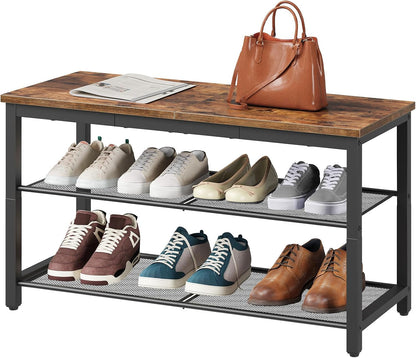 HOOBRO Shoe Bench, 3-Tier Shoe Rack, Industrial Shoe Organizer Storage Bench, 29.5 inches Entry Bench with Mesh Shelves, for Entryway, Living Room, Hallway, Easy Assembly, Rustic Brown BF75HX01