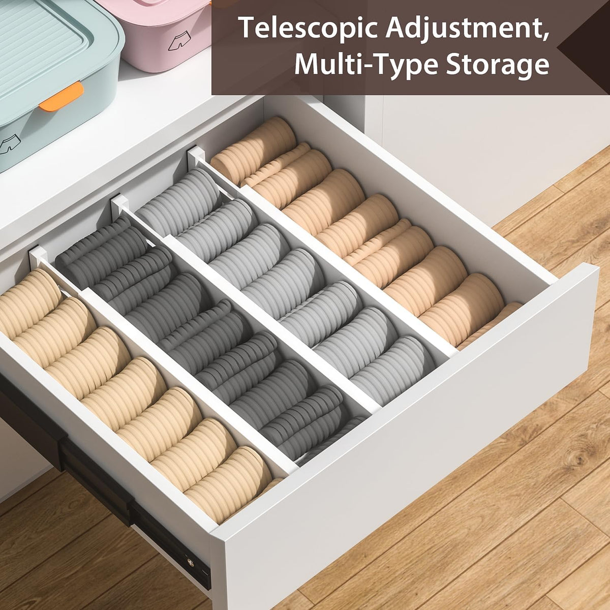 4 Pack Bamboo Drawer Dividers 17-22" Adjustable Kitchen Organizer, White