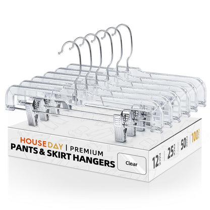 HOUSE DAY 14 Inch Clear Pants Hangers with Clips 12 Pack, Skirt Hangers