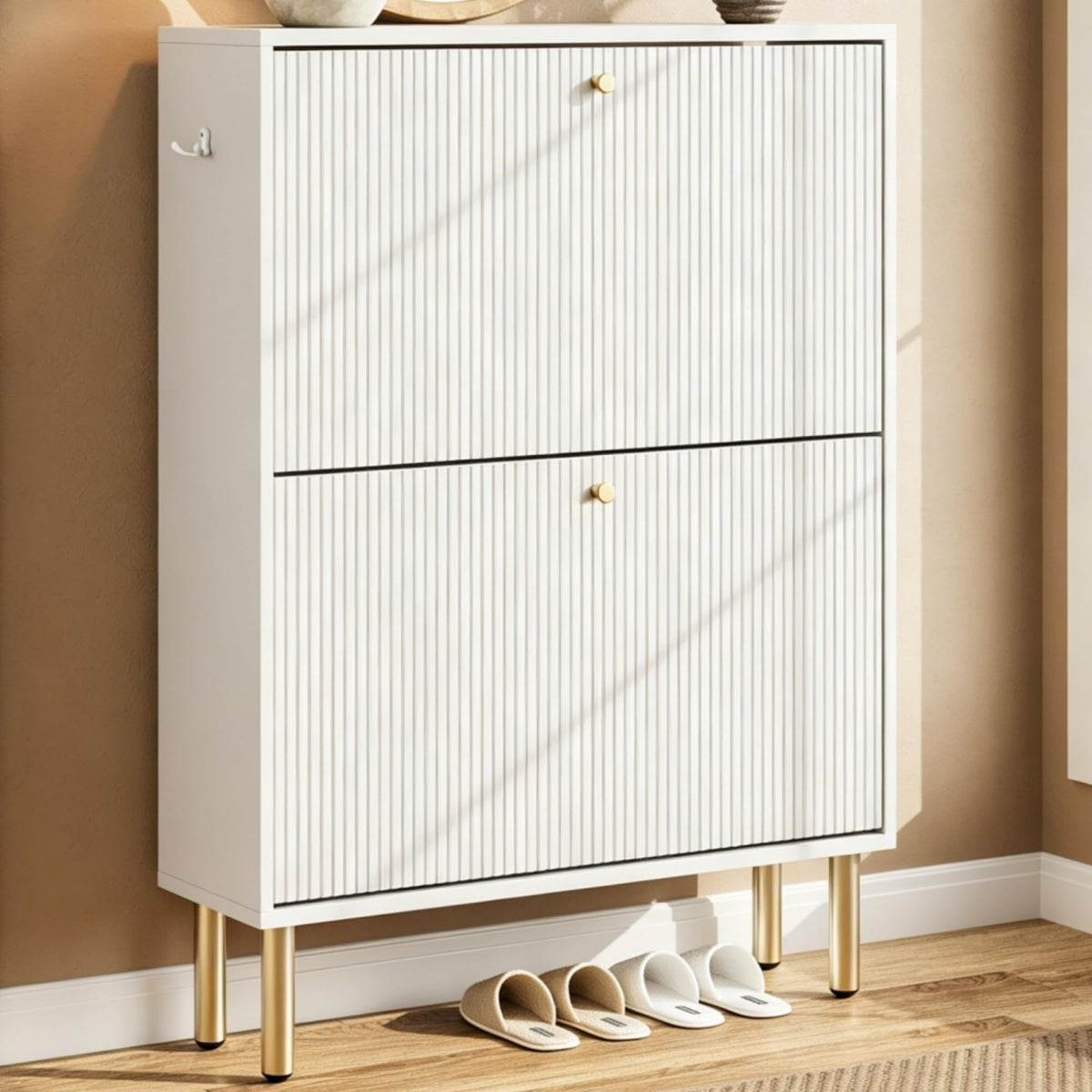 Nicetree Shoe Cabinet, 3 Flip Drawers & Adjustable Shelves, Ultra Slim Freestanding (9.1” Deep), Holds 30 Pairs, Narrow Shoe Storage Cabinet with Anti-Tip Safety, Modern Farmhouse White Walnut
