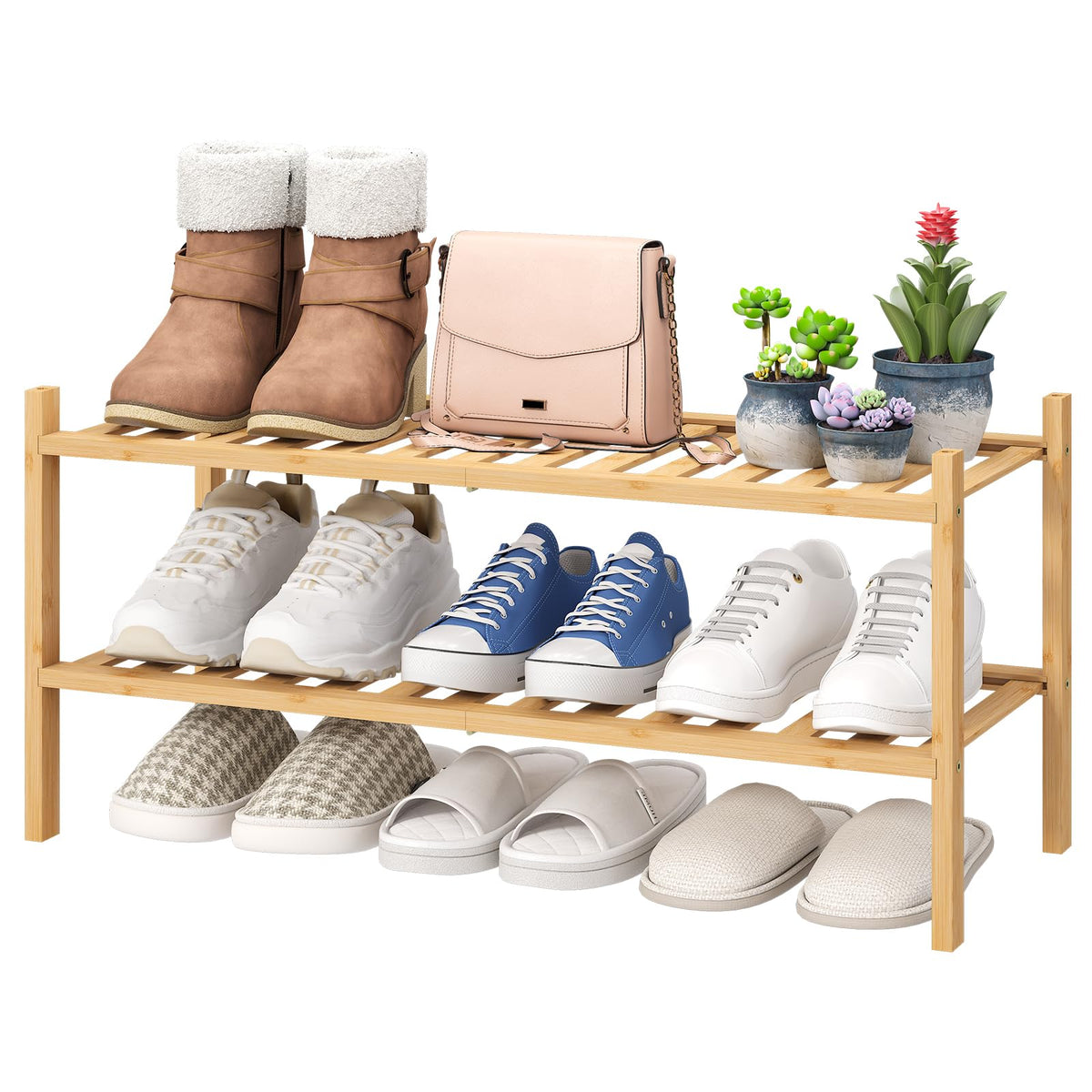 viewcare 4-Tier Bamboo Shoe Rack for Entryway, Stackable | Foldable | Natural, Shoe Organizer for Hallway Closet, Free Standing Shoe Racks for Indoor Outdoor