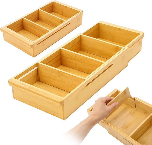 Yookeer 2 Pcs Expandable Drawer Organizer Adjustable Hanging Deep Drawer 11.4'' to 18.1'' Bamboo Wood Dividers Storage Tray for Desk Kitchen Bedroom Bathroom Office Supplies