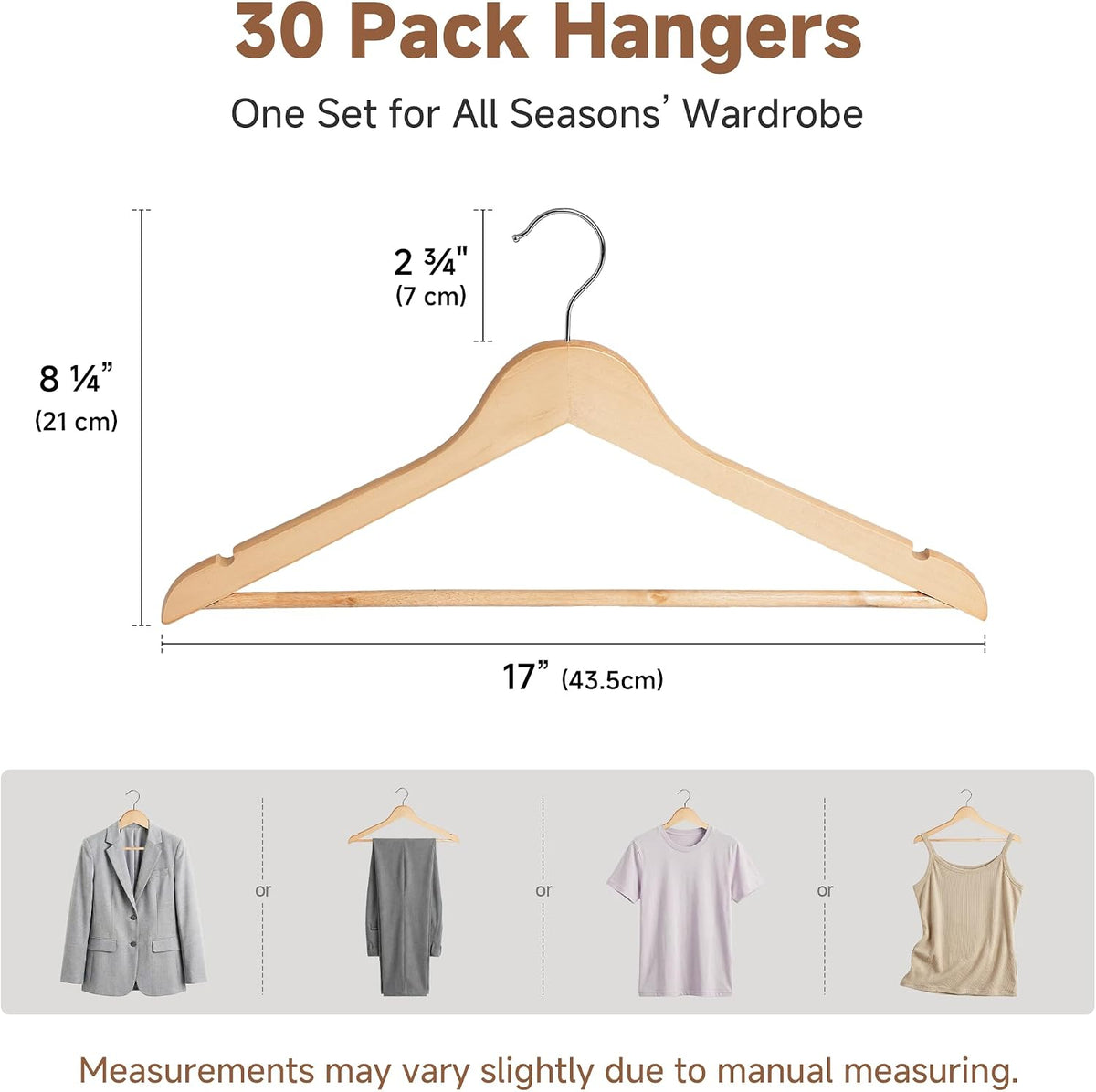StorageWorks Wooden Coat Hangers, 30 Pack Wood Clothes Hanger for Closet