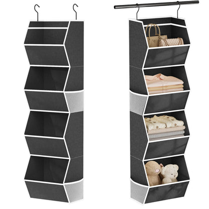 Hanging Closet Organizer 4 Shelf Collapsible Bedroom Closet Organizers and Storage Hanging with Mesh Pockets for Clothes, Fabric Hanging Storage Bins for Wardrobe Closet Organization and Storage, Grey