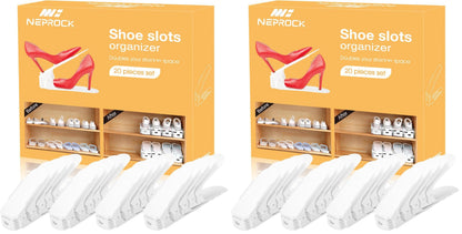 Neprock Shoe Slots Organizer, 20 Pack Adjustable Shoe Rack Stacker Storage Space Saver, Double Deck Shoe Rack Holder for Closet Organization (White)