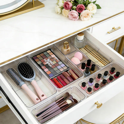 14 PCS Adjustable Clear Drawer Organizer Set - 3-Size Acrylic Storage Boxes for Makeup, Stationery, Kitchen Utensils, Tools & Bedroom Dresser Organization