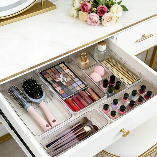 14 PCS Adjustable Clear Drawer Organizer Set - 3-Size Acrylic Storage Boxes for Makeup, Stationery, Kitchen Utensils, Tools & Bedroom Dresser Organization