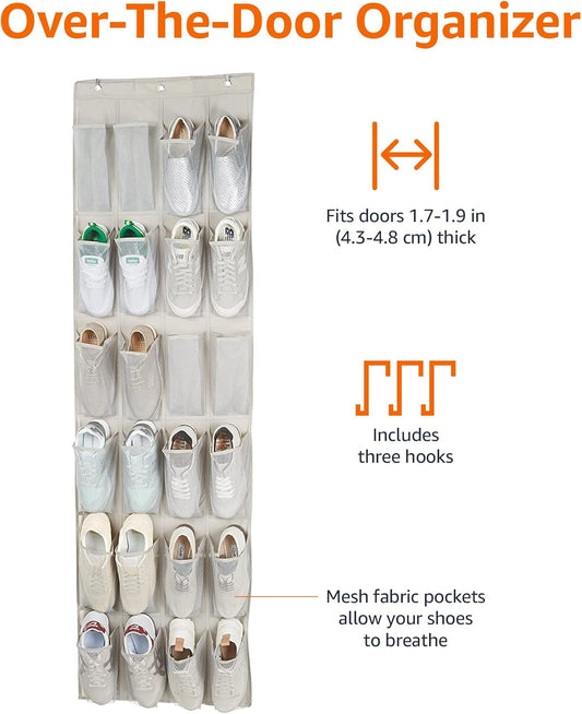 Amazon Basics 24 Medium Mesh Pocket Over-the-Door Hanging Shoe Organizer, Space Saving Shoe Storage, Light Grey