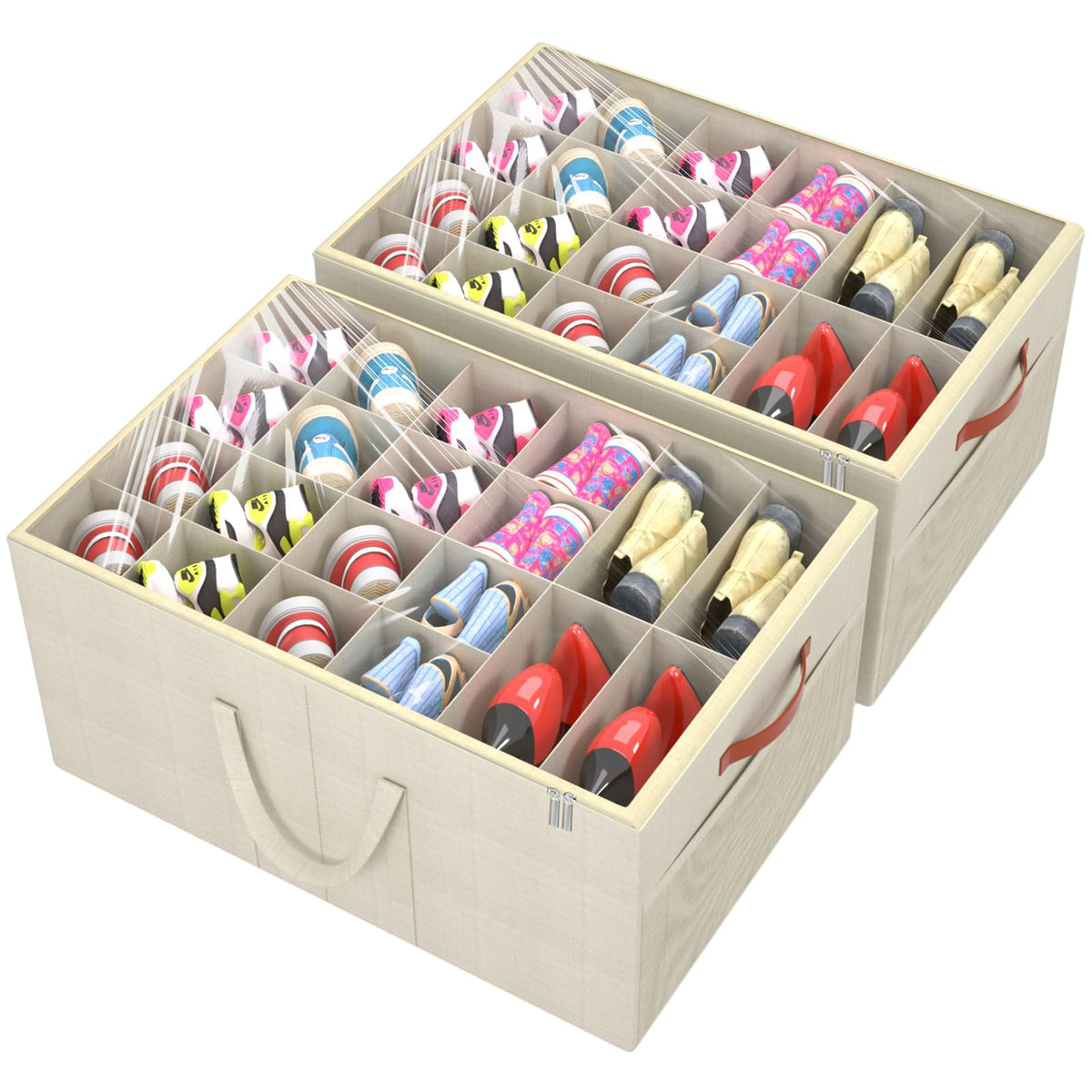 Aokeyee 2 Pack Shoe Organizer for Closet, Large Shoe Storage Box, Beige
