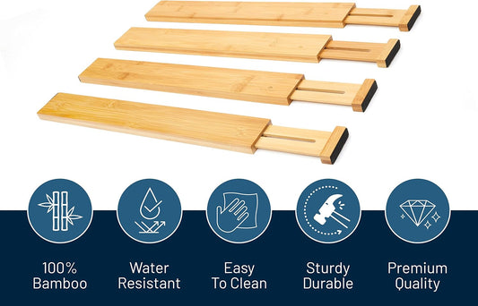 RoyalHouse Adjustable Bamboo Drawer Dividers, 4-Pack (18" - 22")