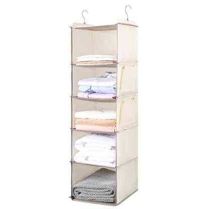 BOOMIBOO Hanging Closet Organize and Shelves，5-Hanging Shelf with 2 Side Pockets，Storage Foldable （Grey）