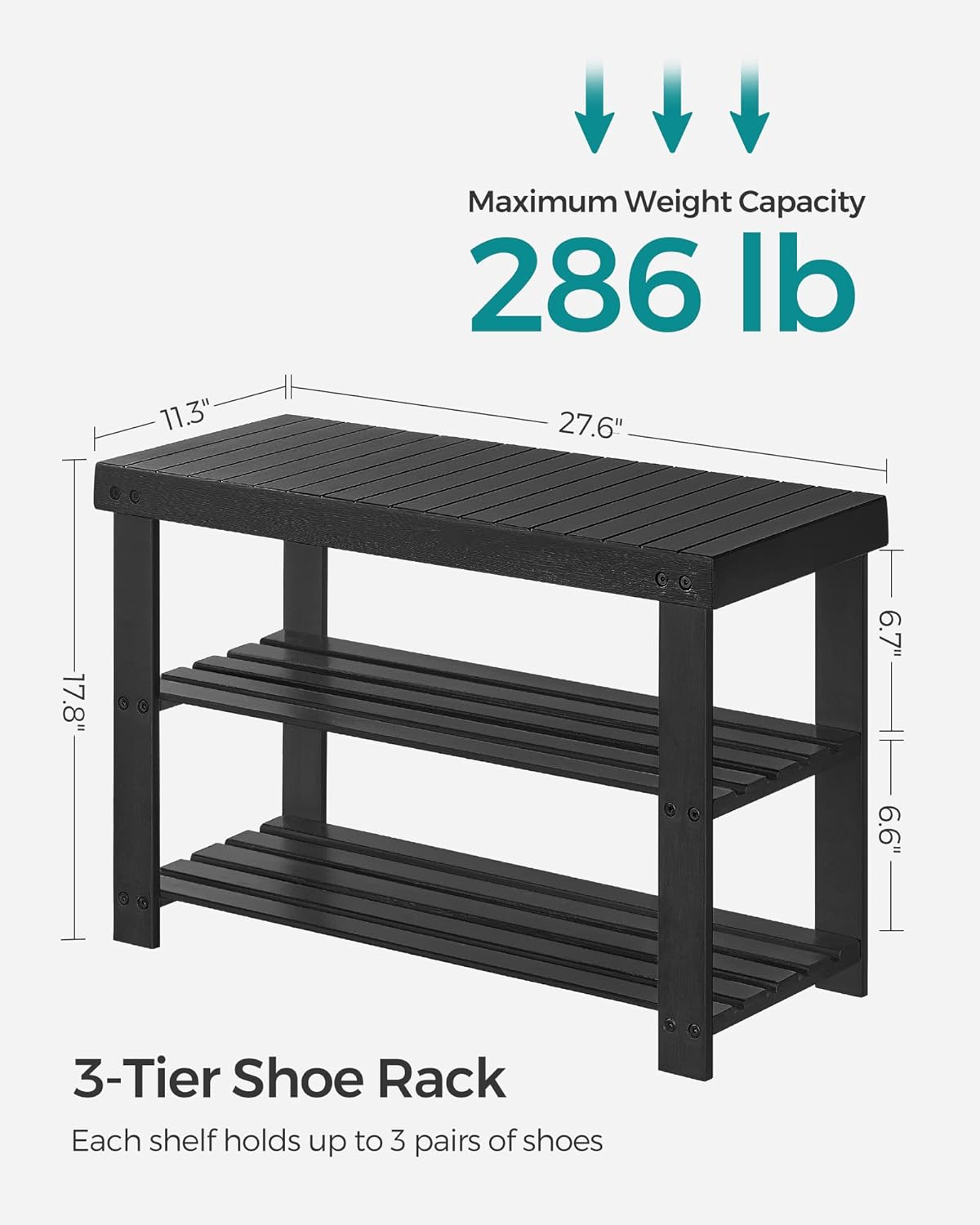 SONGMICS Shoe Rack Bench, 3-Tier Bamboo Entryway Bench, 27.6 Inches Width