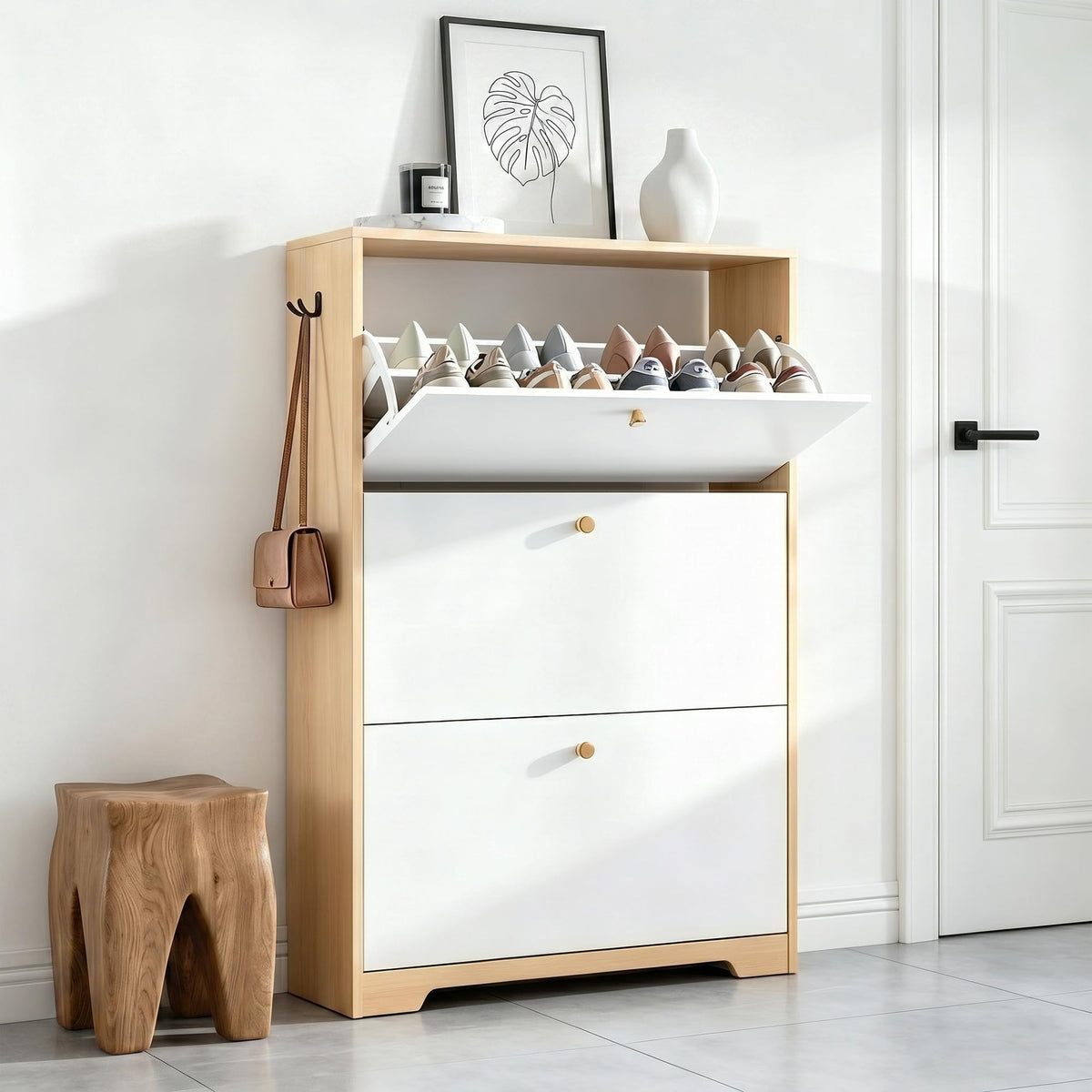 Nicetree Shoe Cabinet with 3 Flip Drawers, Modern Entryway Organizer, White