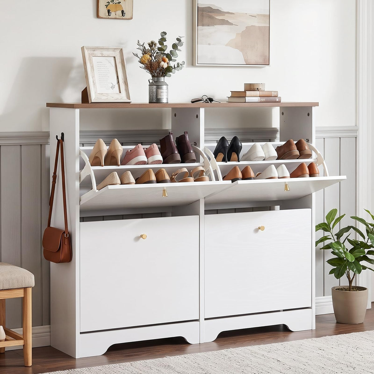 Nicetree Shoe Cabinet with 3 Flip Drawers, Modern Entryway Organizer, White