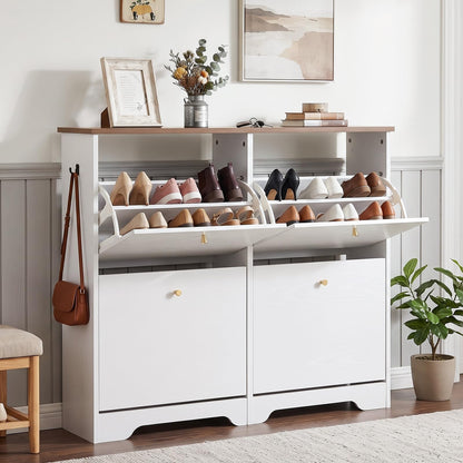 Nicetree Shoe Cabinet with 3 Flip Drawers, Modern Entryway Organizer, White