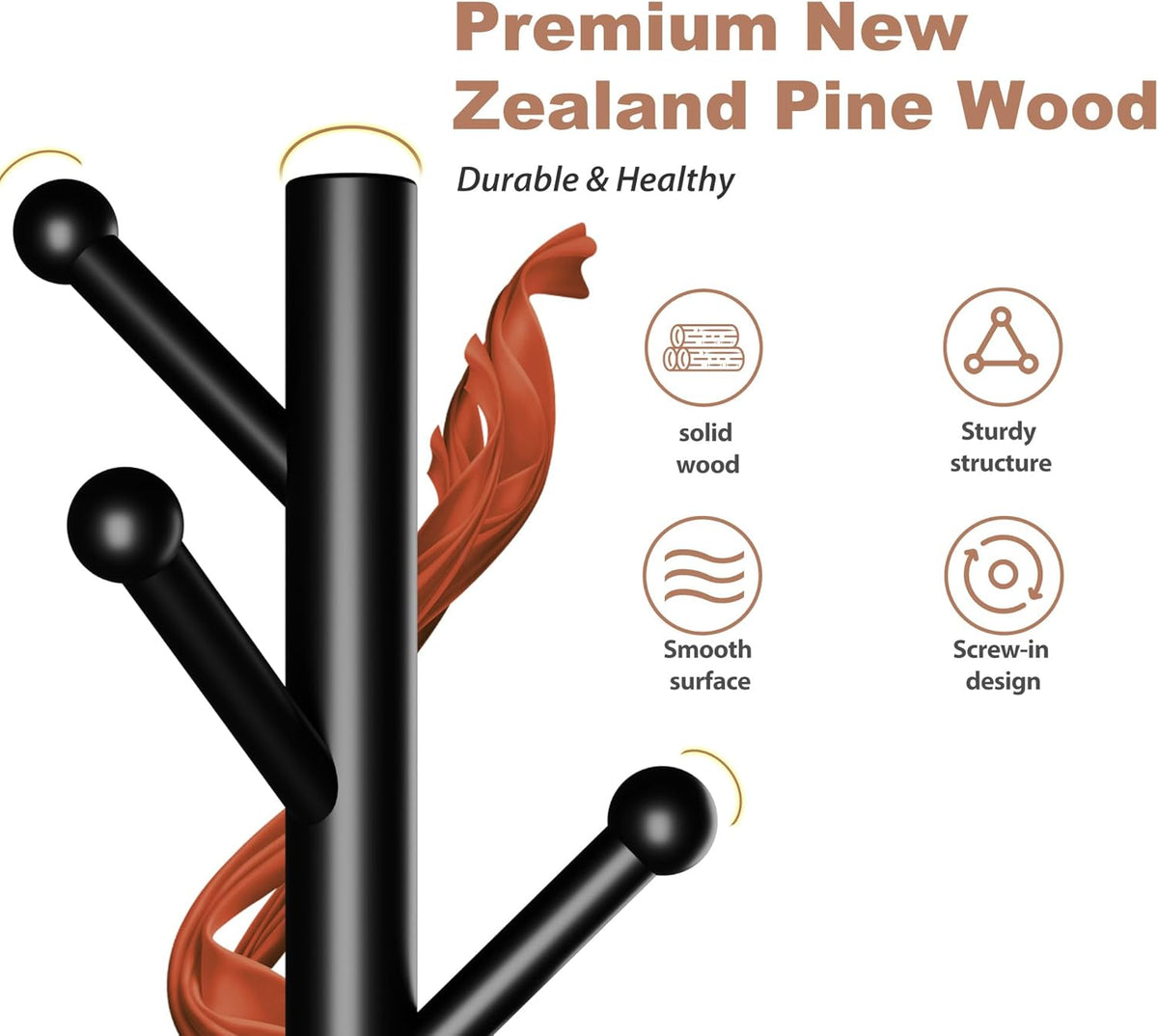 8-Hook Freestanding Coat Rack 3 Heights Safe Round Tips Black
