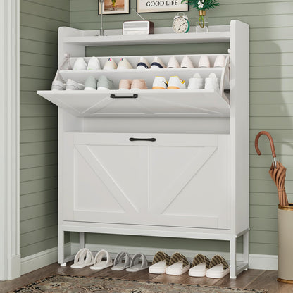 GRUSIGN Shoe Cabinet, Shoe Storage Cabinet with 2 Flip Drawers & Adjustable Shelf, Space-Saving Shoe Organizer – Holds 16+ Pairs, Narrow Shoe Cabinet Storage for Entryway/Hallway（White）