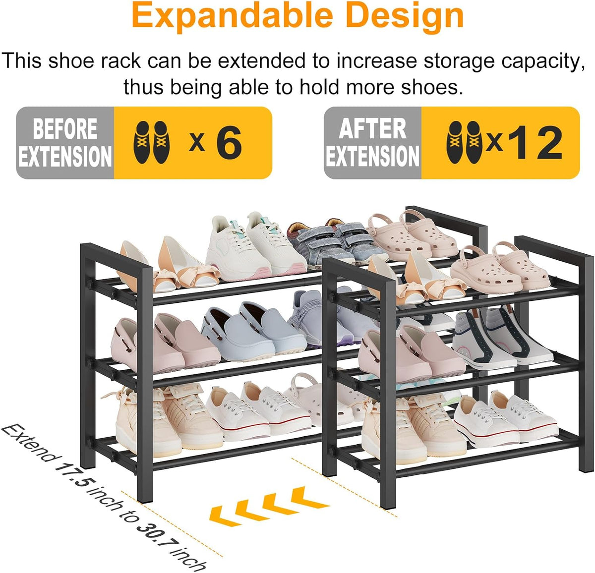 3-Tier Expandable Metal Shoe Rack for Closet & Entryway, Shoe Organizer