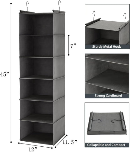 MAX Houser 6 Tier Hanging Closet Organizer with 2 Sturdy Hooks, Grey