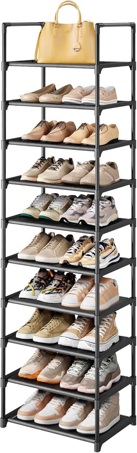 Kitsure Shoe Rack - 10-Tier Shoe Organizer with Detachable Fabric Shelves & Metal Frame, Tall Shoe Rack for Closet, Entryway, Living Room, 16.9" Wide - 10 Tier, Black