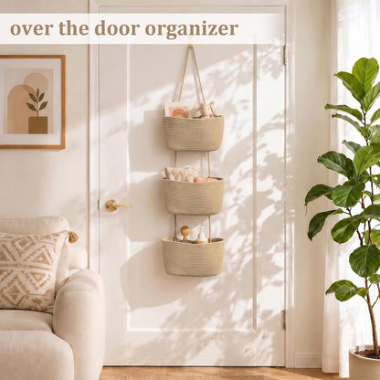 TeoKJ Over the Door Hanging Basket, 3-Tier Woven Cotton Wall-Mounted Storage Organizer Bag Decorative Hanging Nursery Baskets, Jute
