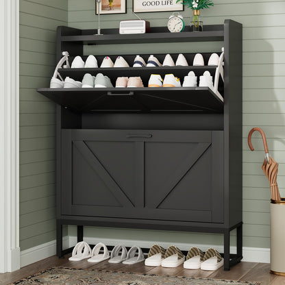 GRUSIGN Shoe Cabinet, Shoe Storage Cabinet with 2 Flip Drawers & Adjustable Shelf, Space-Saving Shoe Organizer – Holds 16+ Pairs, Narrow Shoe Cabinet Storage for Entryway/Hallway（White）