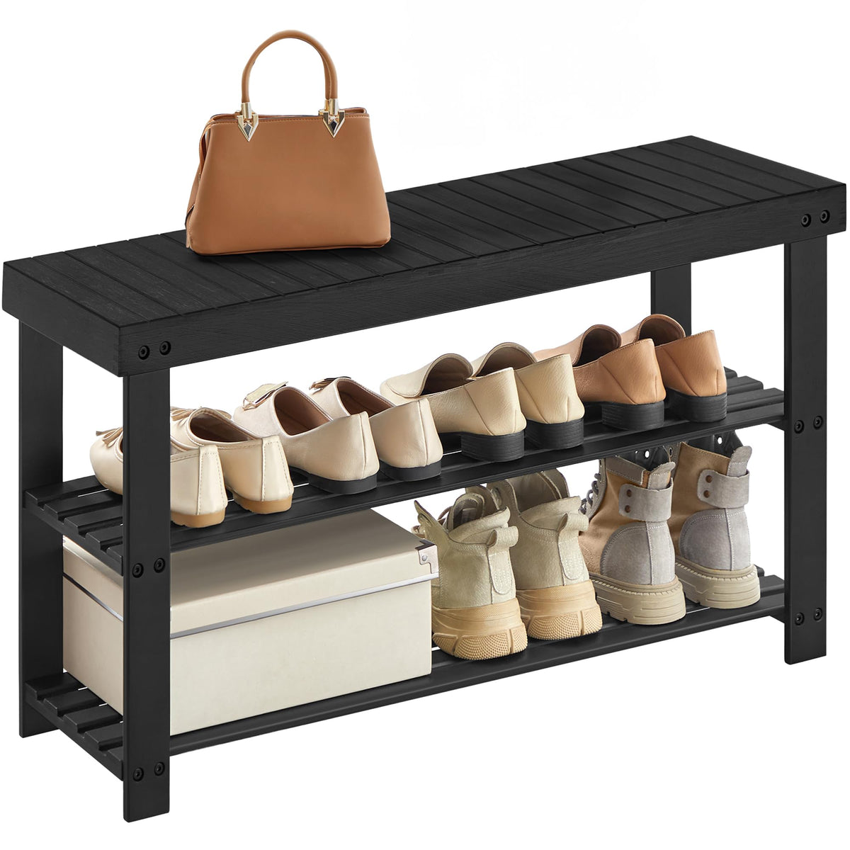 SONGMICS Shoe Rack Bench, 3-Tier Bamboo Entryway Bench, 27.6 Inches Width