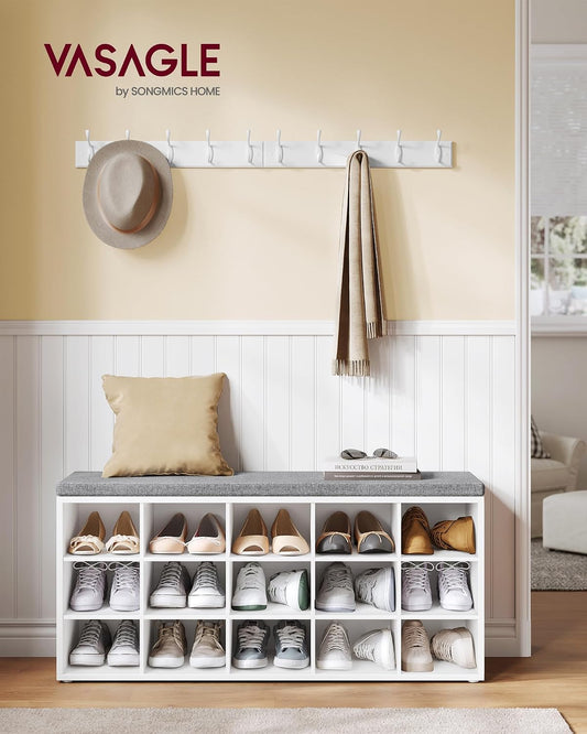 VASAGLE Shoe Bench with Cushion, 15 Compartments, 11.8 x 41.3 x 18.9 Inches