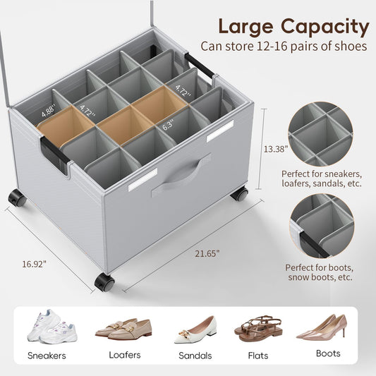 HOUSE AGAIN 2 Pack Shoe Organizer for Closet, Shoe Storage Organizer with Lockable Wheels & Clear Cover, Foldable Shoe Box for Closet and Entryway, Gray
