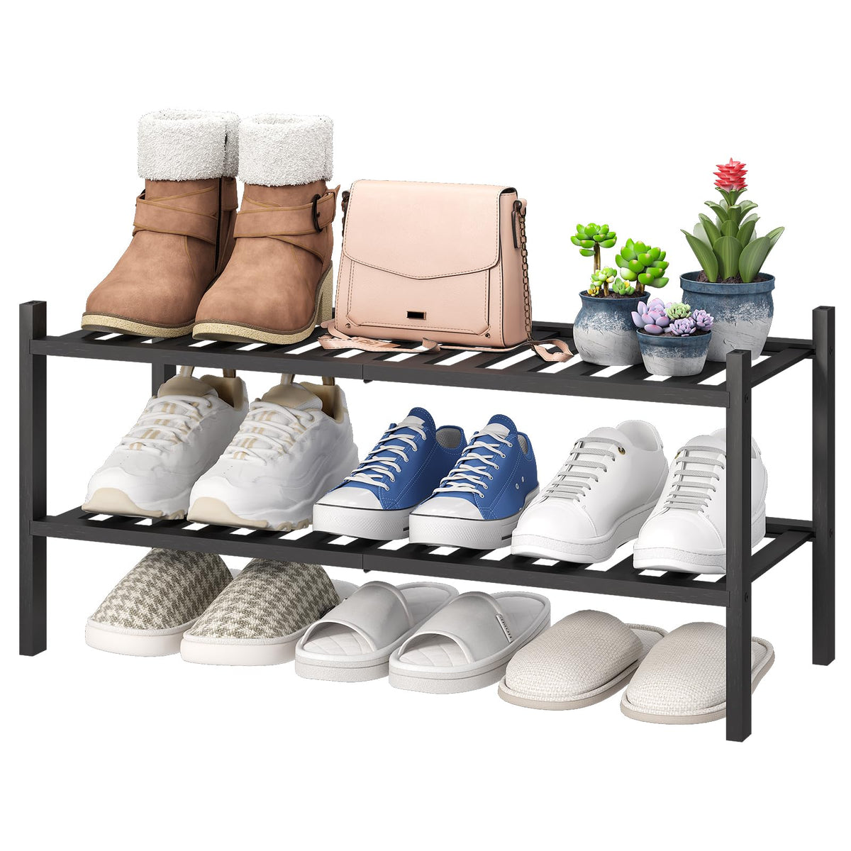 viewcare 4-Tier Bamboo Shoe Rack for Entryway, Stackable | Foldable | Natural, Shoe Organizer for Hallway Closet, Free Standing Shoe Racks for Indoor Outdoor
