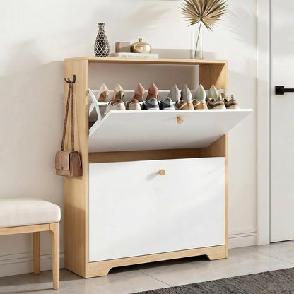 Nicetree Shoe Cabinet with 3 Flip Drawers, Modern Entryway Organizer, White