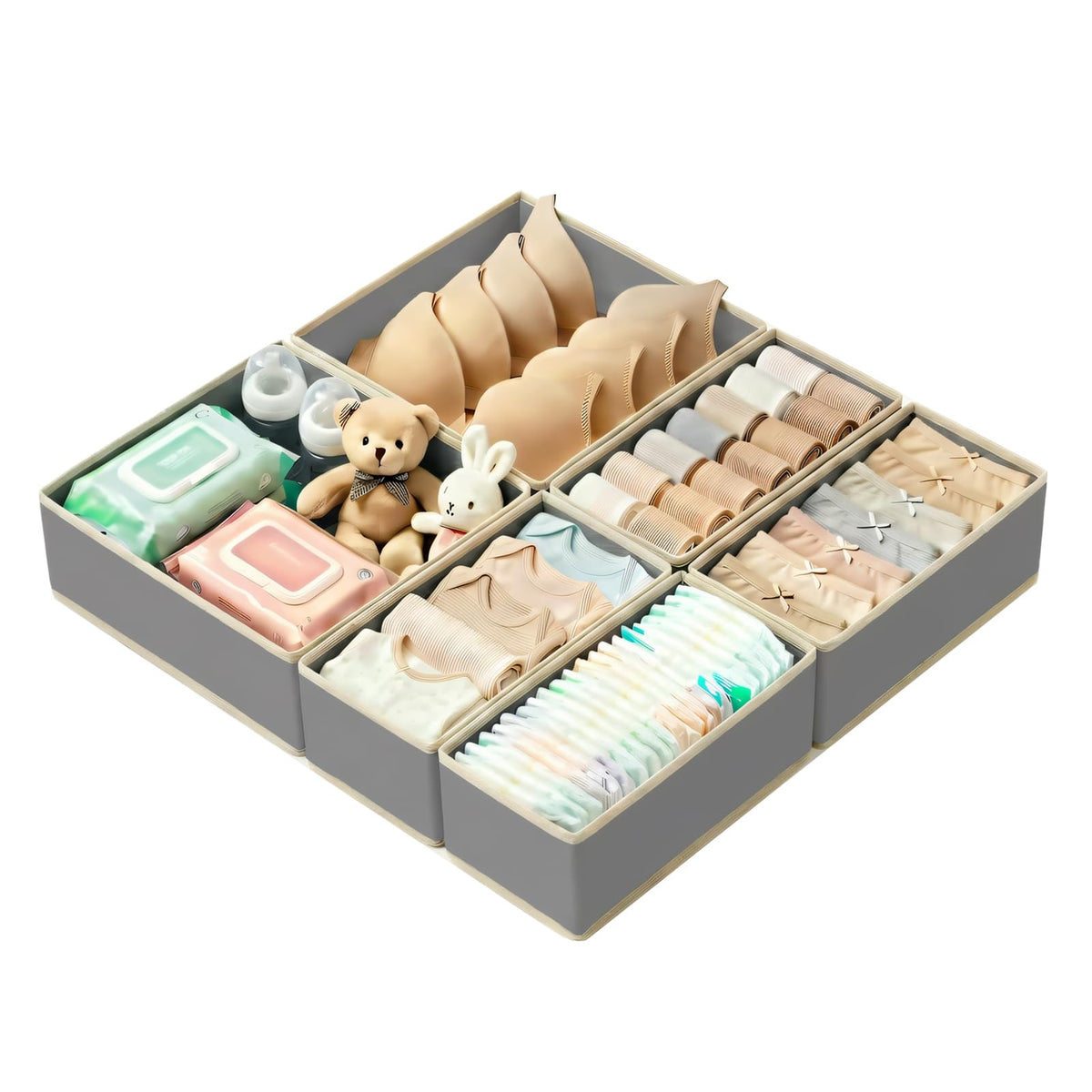 Drawer Organizer for Clothes & Underwear - 4-Pack Fabric Storage Bins with Zipper Bottom | Bra Drawer Organizer & Sock Organizer for Dresser - Foldable Baby Clothes Organizer Set, Grey