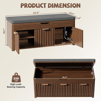 37.4" W Shoe Bench with Storage, Lift Top Entryway Bench, Walnut