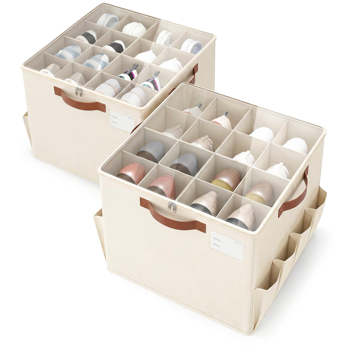 Varhomax Shoe Organizer Box for Closet, Small Fabric Shoe Storage Bin with Adjustable Dividers & Clear Cover, Saving Space Sneakers & Sandals Containers for Entryway, Cubby