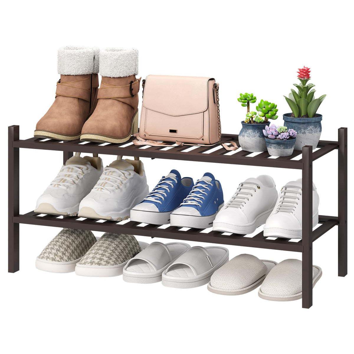 viewcare 4-Tier Bamboo Shoe Rack for Entryway, Stackable | Foldable | Natural, Shoe Organizer for Hallway Closet, Free Standing Shoe Racks for Indoor Outdoor