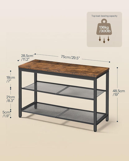 HOOBRO Shoe Bench, 3-Tier Shoe Rack, Industrial Shoe Organizer Storage Bench, 29.5 inches Entry Bench with Mesh Shelves, for Entryway, Living Room, Hallway, Easy Assembly, Rustic Brown BF75HX01