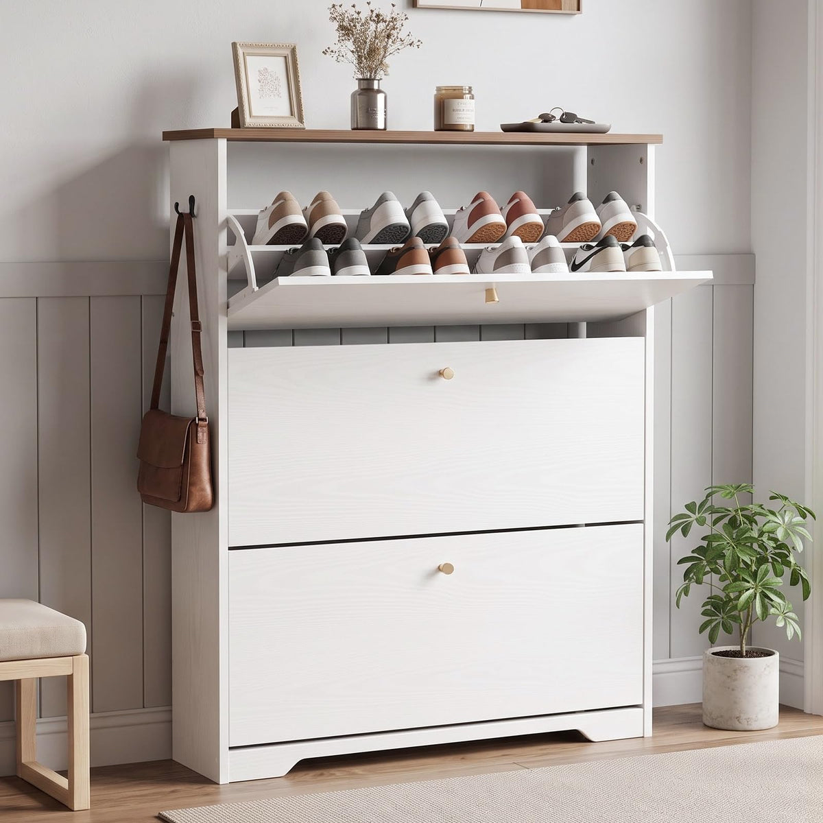 Nicetree Shoe Cabinet with 3 Flip Drawers, Modern Entryway Organizer, White