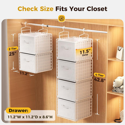 4 Tier Hanging Closet Organizer with 4 Drawers, White