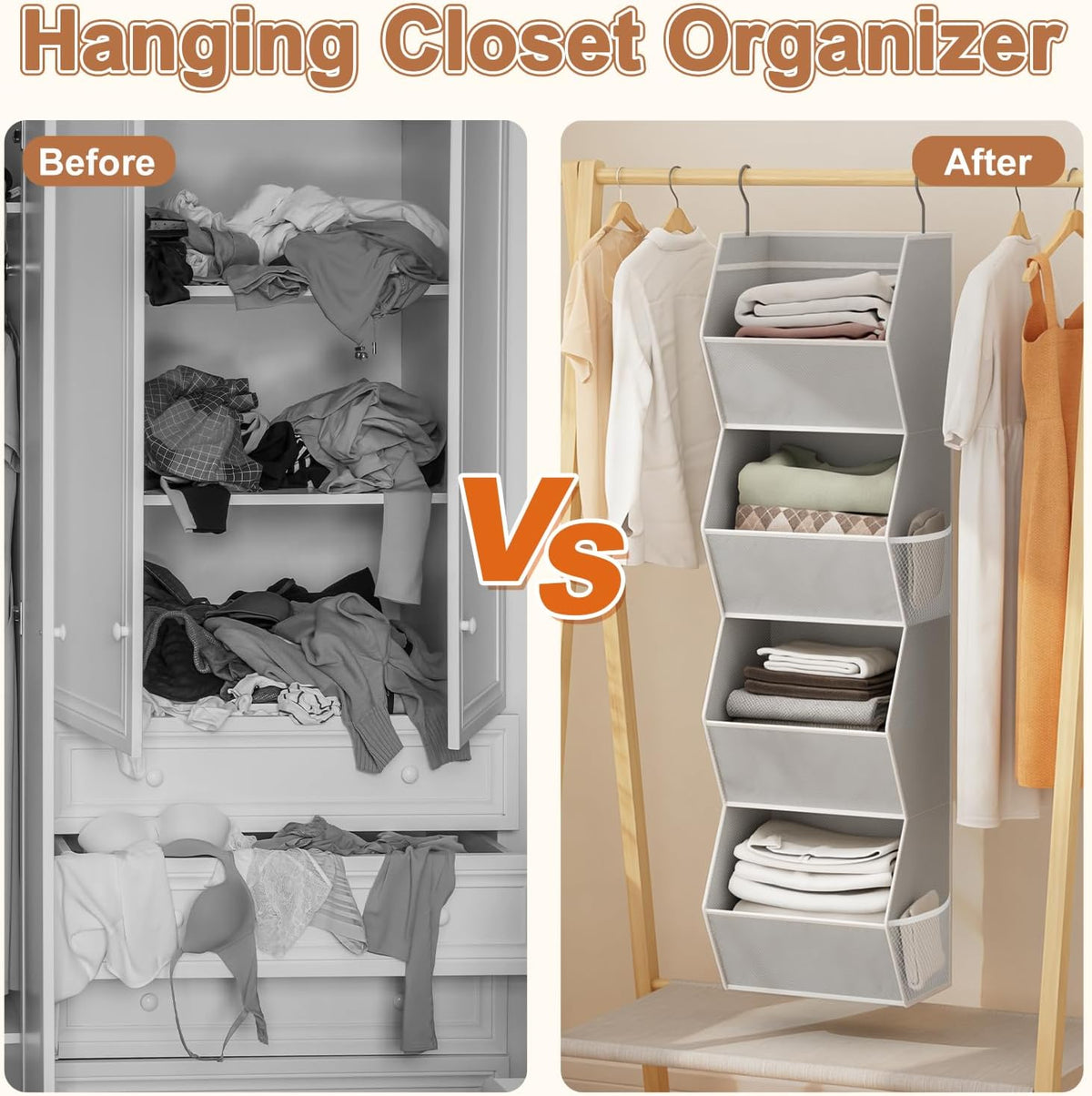 Hanging Closet Organizer 4 Shelf Collapsible Bedroom Closet Organizers and Storage Hanging with Mesh Pockets for Clothes, Fabric Hanging Storage Bins for Wardrobe Closet Organization and Storage, Grey