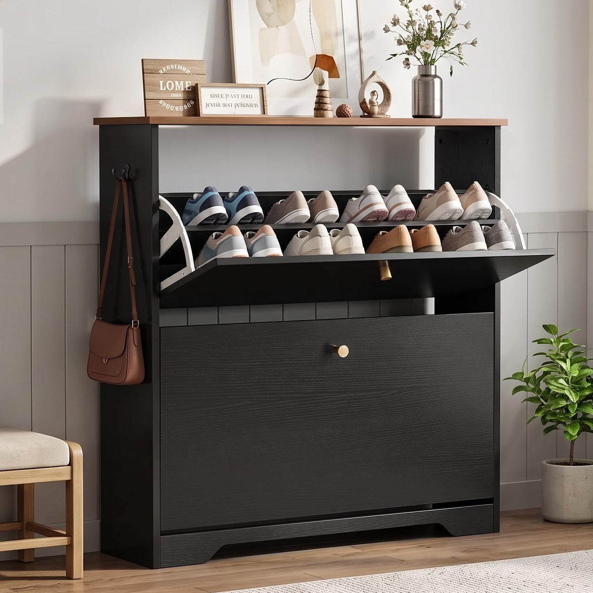 Nicetree Shoe Cabinet with 3 Flip Drawers, Modern Entryway Organizer, White