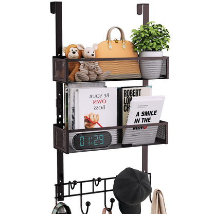 Consumest Over The Door Hooks Organizer - 3 Tier Door Hanger with 9 Coat Hooks & 2 Mesh Basket, Back Storage Organizer Hanging Towels for Bathroom, Bedroom, Black