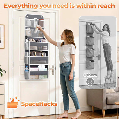 SpaceHacks 5-Tier Over the Door Organizer with Mesh Pockets, Dark Grey