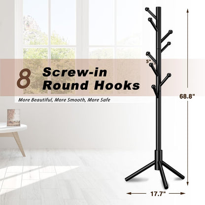 8-Hook Freestanding Coat Rack 3 Heights Safe Round Tips Black