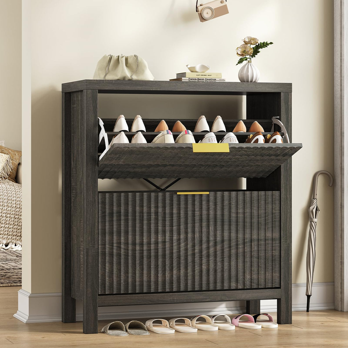47" Fluted Shoe Cabinet Stoarge with 4 Flip Drawers for Entryway, Hallway